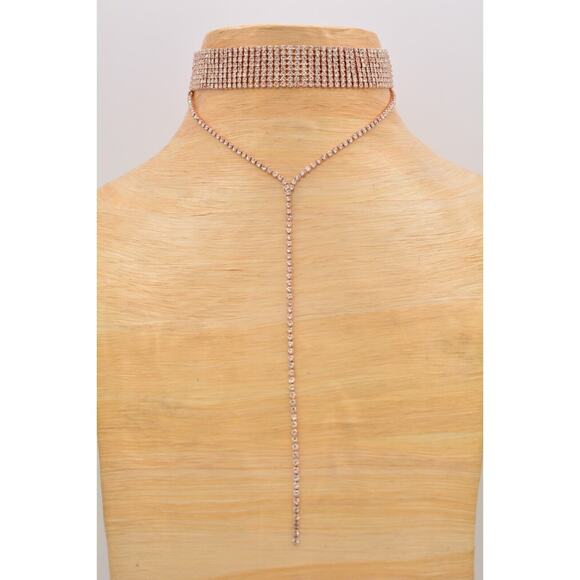 Vintage Crystal Choker Necklace Y Drop Chain Rhinestone Shiny Gold Tone 90s BinI - Picture 2 of 12